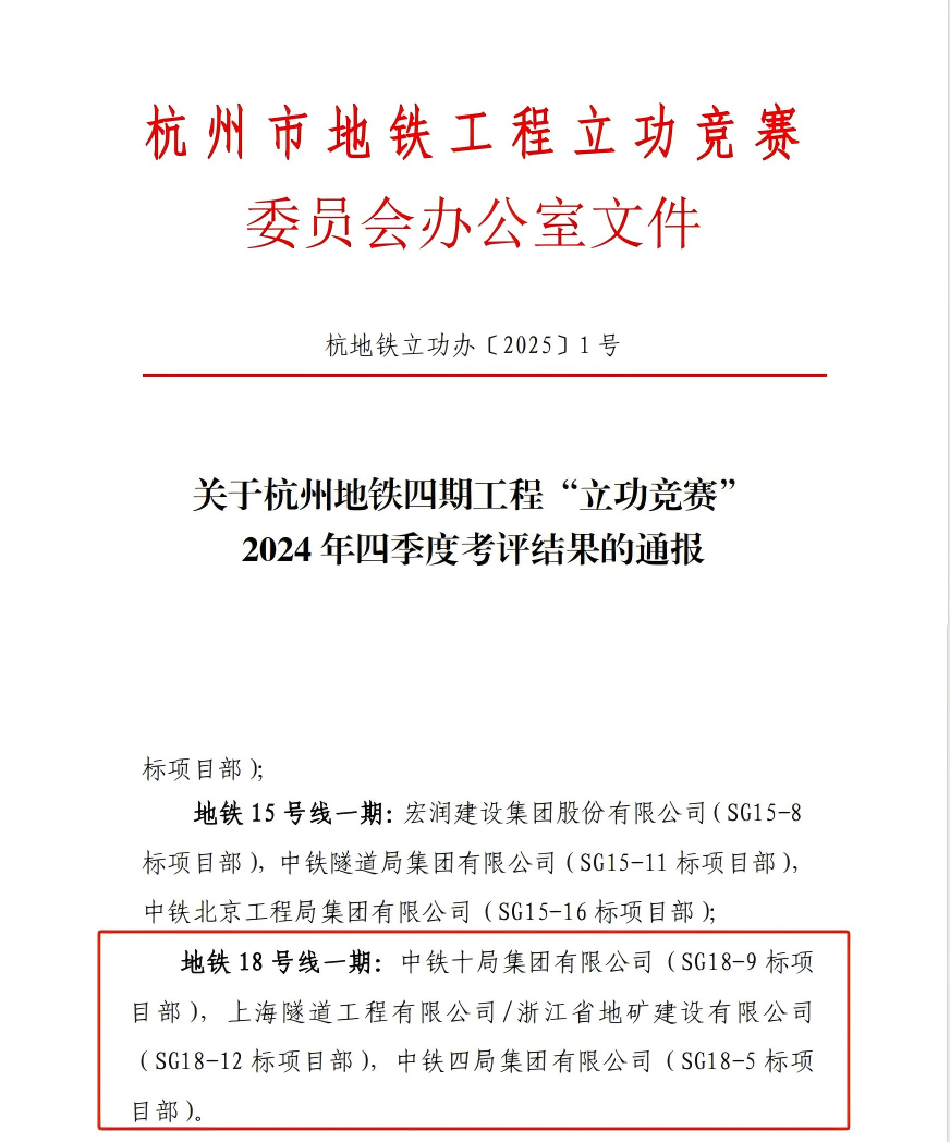 喜报！公司承建的杭州地铁18号线一期工程SG18-12标段项目获评杭州地铁“立功竞赛”第二名